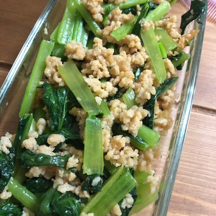 小松菜と大豆で作ったお肉の醤油炒め